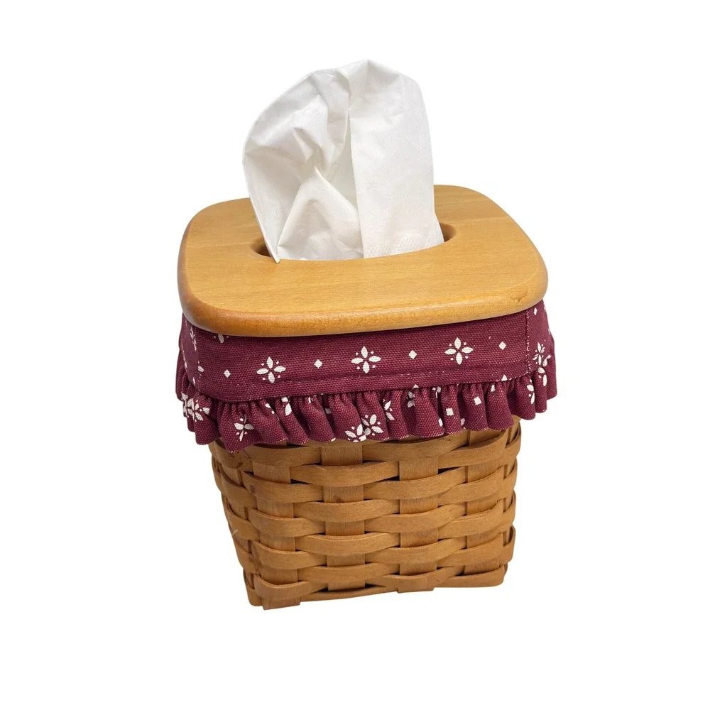 Longaberger 1997 Signed Tall Tissue Basket Wood Lid Burgundy Floral Liner